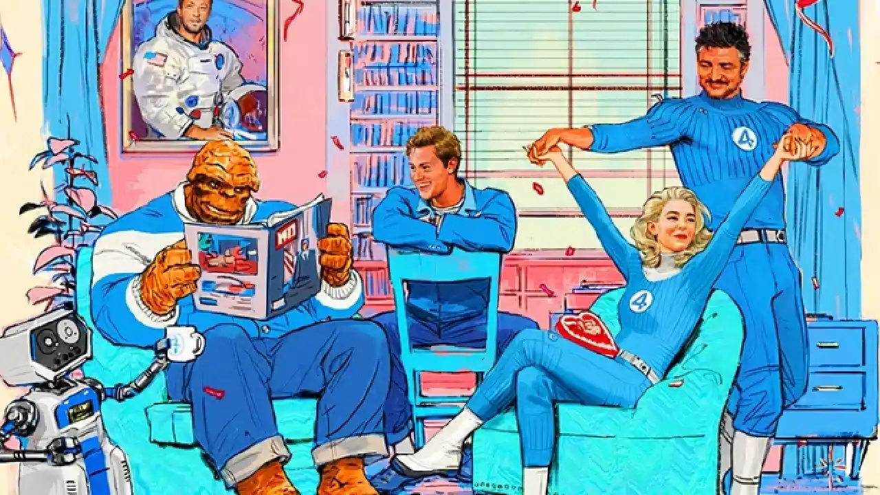 El reparto de los Cuatro Fantásticos caracterizados como sus personajes en la película.