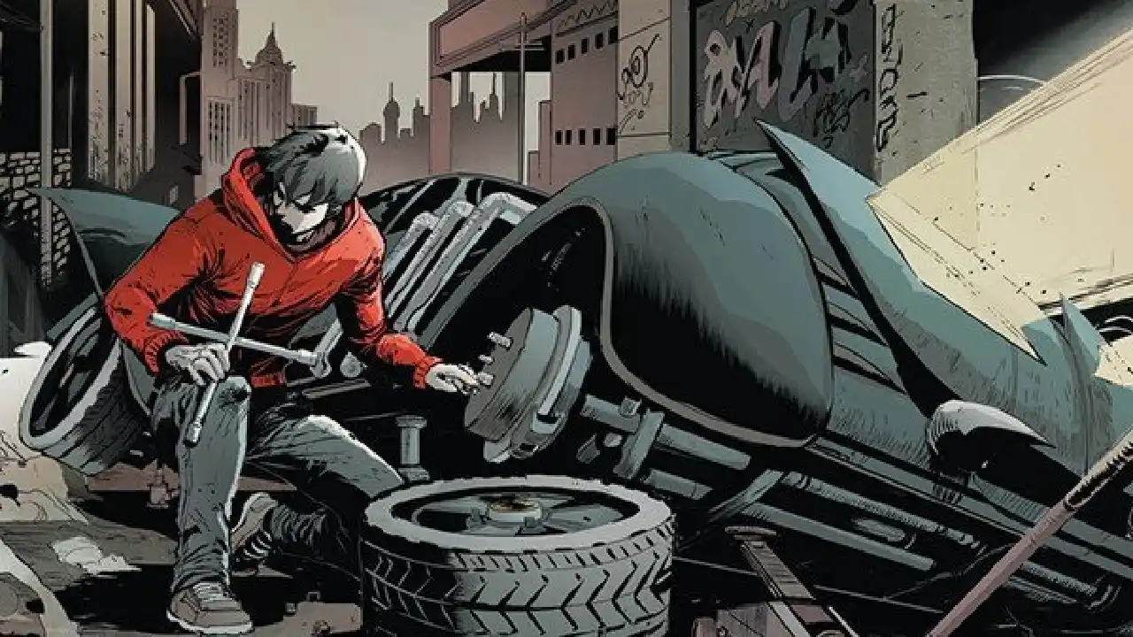 Jason Todd robando las piezas del Batmóvil a Batman.
