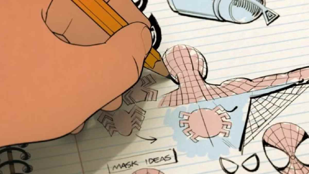 Peter Parker diseñando su futuro traje como Spider-Man.