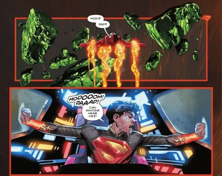 Kal-El separándose de sus padres y el resto de Kryptonianos en el 5 de Absolute Superman.