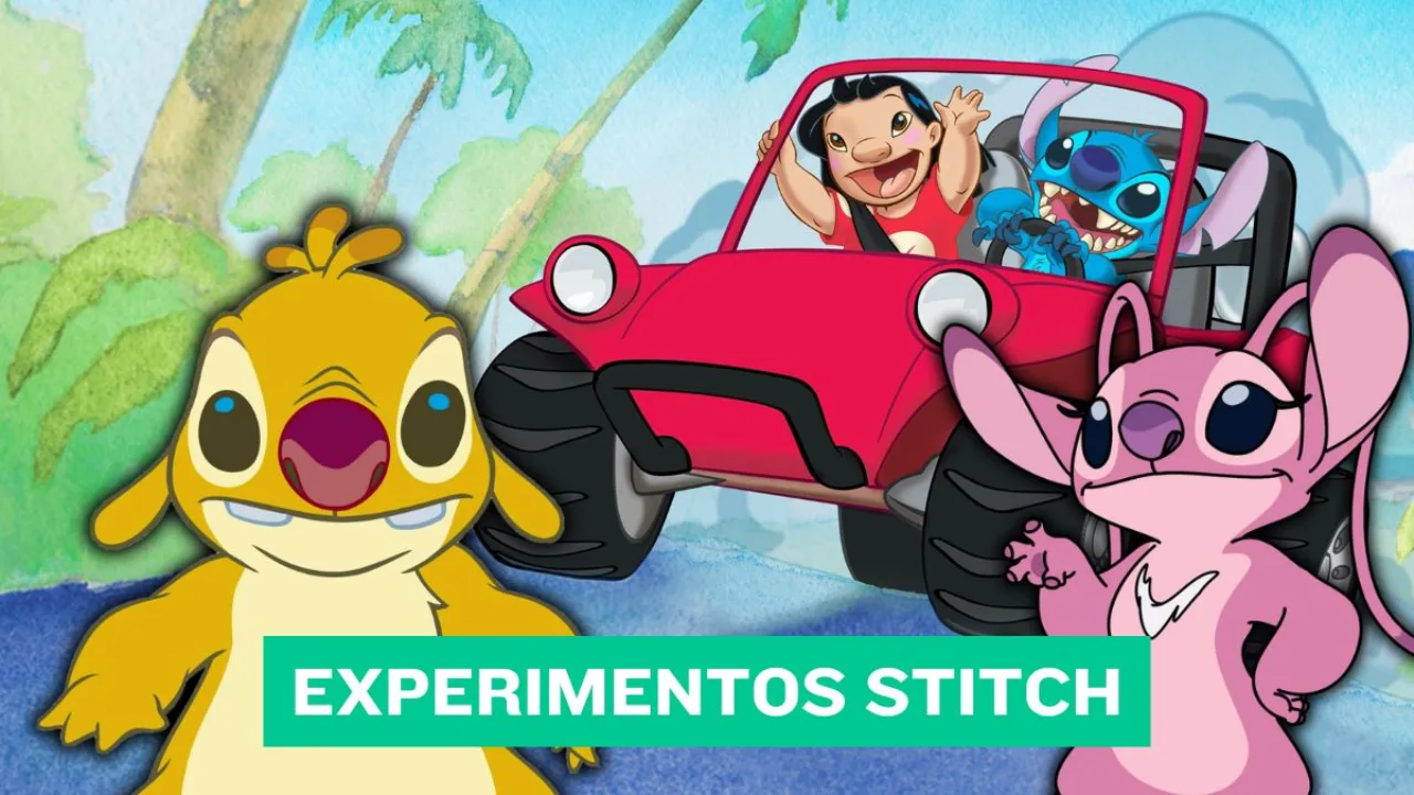 Stitch, Lilo, Angel y Reuben en portada de guía de experimentos de Lilo & Stitch