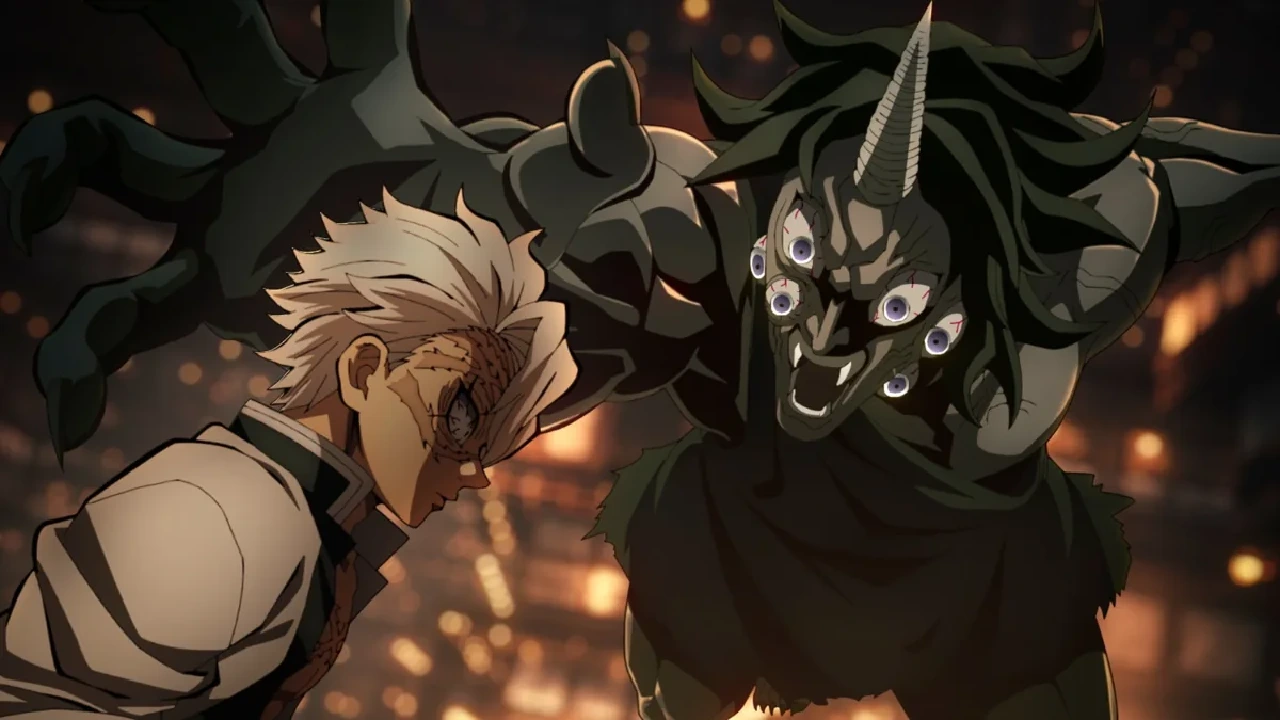 Sanemi Shinazugawa, Pilar del Viento, se enfrenta a un demonio de múltiples ojos en “Kimetsu no Yaiba: La fortaleza infinita”.