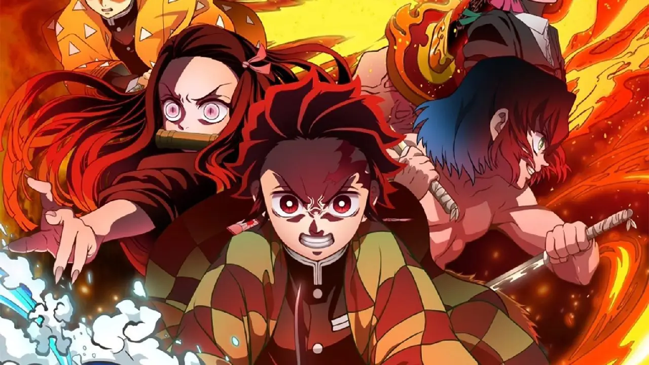 Tanjiro, Nezuko, Zenitsu e Inosuke luchando juntos en Kimetsu no Yaiba, guía para ver el anime en orden