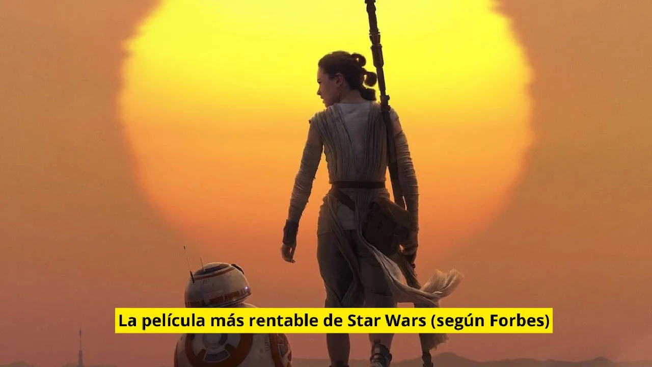 Rey y BB-8 frente al sol en Star Wars: The Force Awakens, la película más rentable de la saga según Forbes.