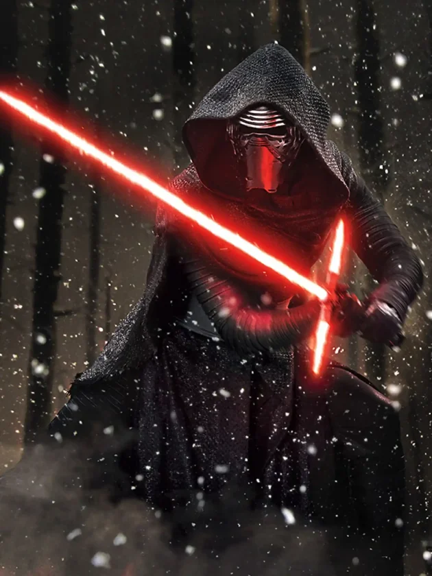 Kylo Ren empuña su sable de luz rojo en Star Wars, interpretado por Adam Driver