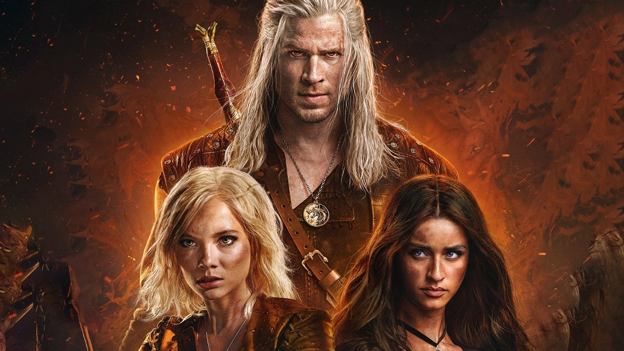 Liam Hemsworth, Anya Chalotra y Freya Allan en el poster de la temporada 4 de The Witcher