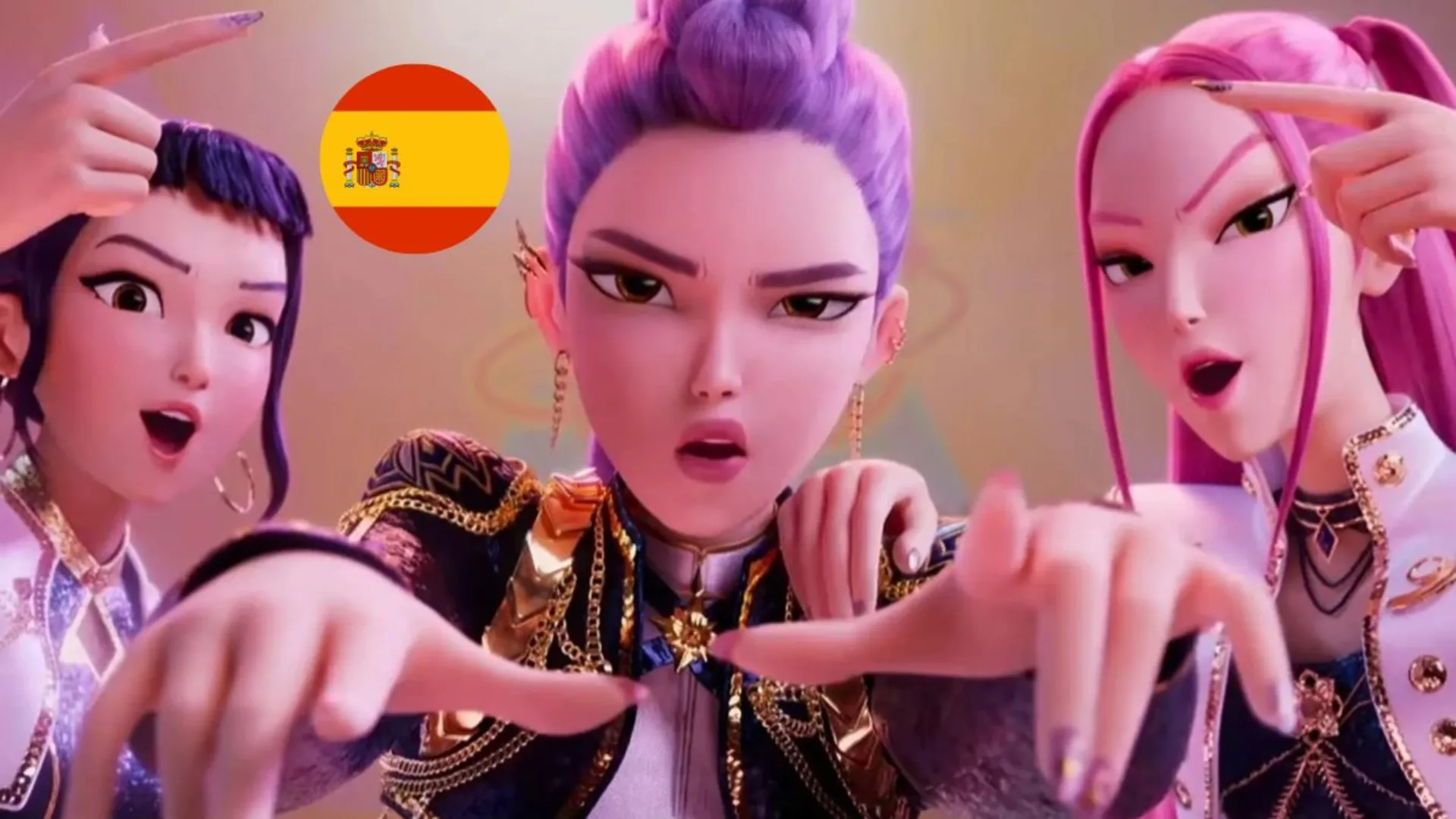 Protagonistas de Las guerreras K-Pop apuntando al frente, con bandera de España al fondo, anunciando su estreno en cines españoles.