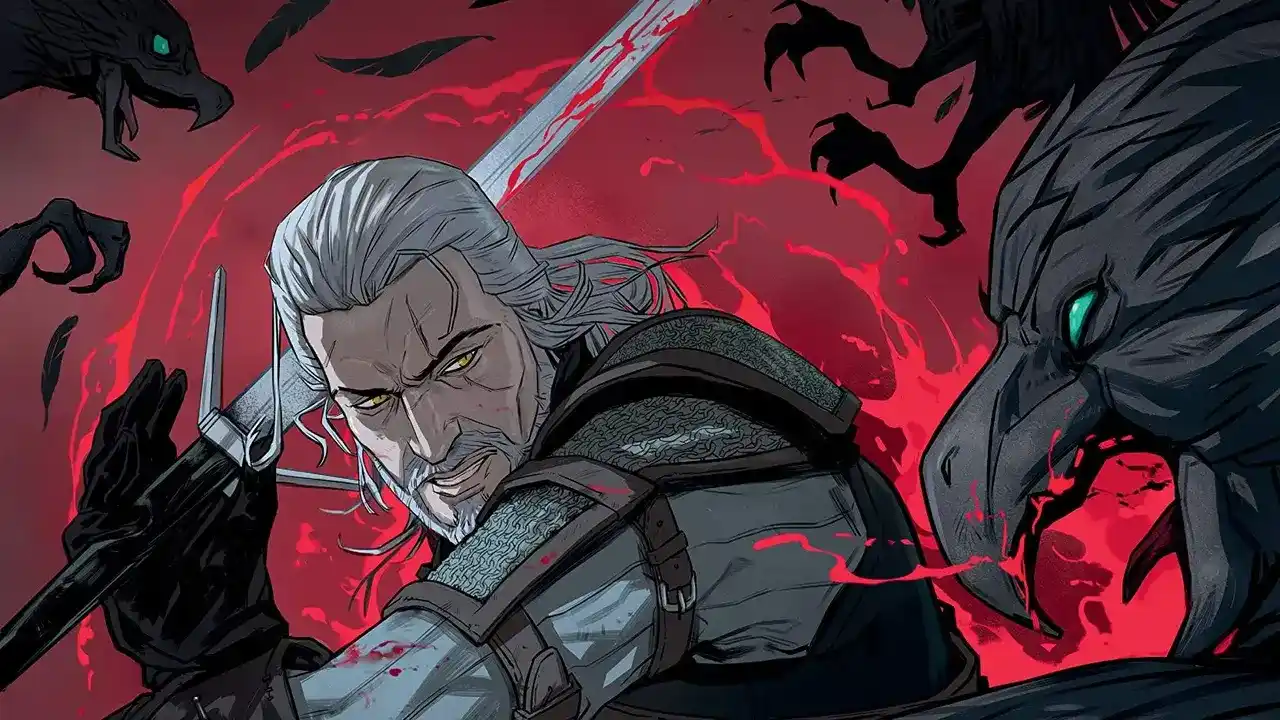 Geralt de Rivia peleando con cuervos en la portada de uno de los cómics de The Witcher