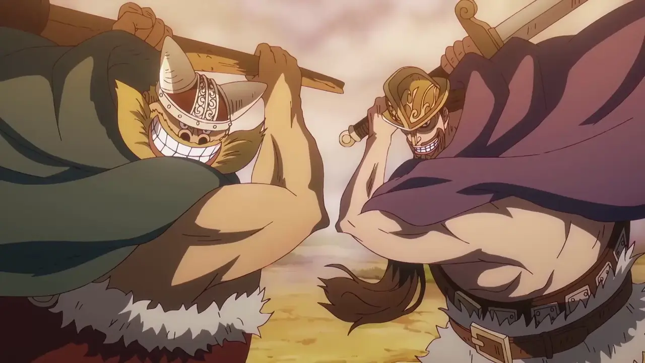 Los orcos gigantes Brogy y Dorry a punto de destruir un barco en el anime de One Piece